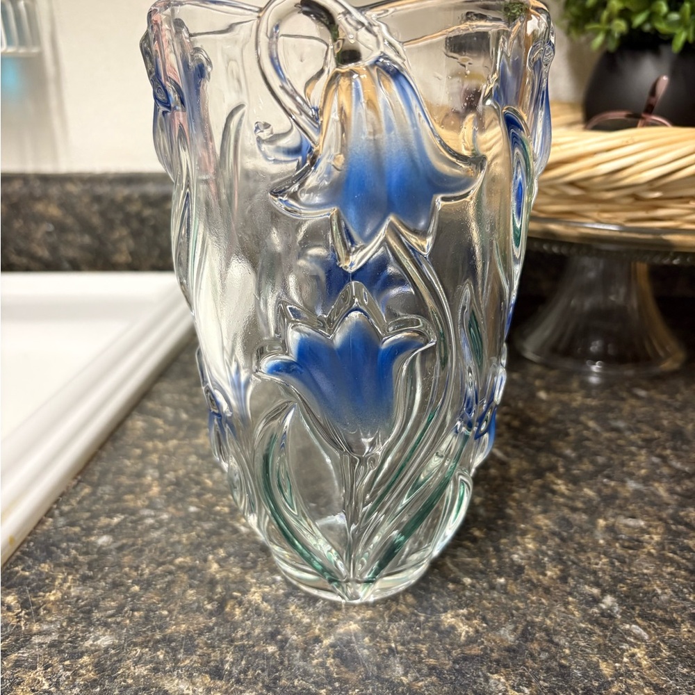 Vintage Bohemia Czech Republic Floral Inlay Crystal Vase Blue Floral Glass Vase